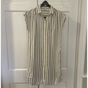 Linen Blend Tall Shift Shirt Dress White w/ Stripes Button Up Old Navy W/ Pocket